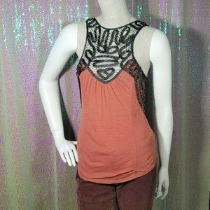 Free People Burnt Orange and Black Lace Trim Tank size S